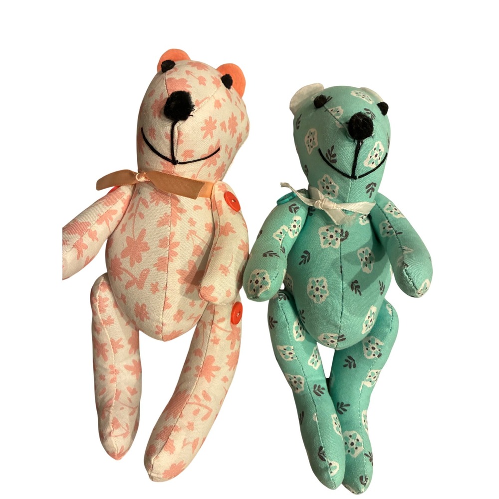 Handmade Cotton Floral Teddy Bear Set Button Jointed Pink Teal Primitive Plush
